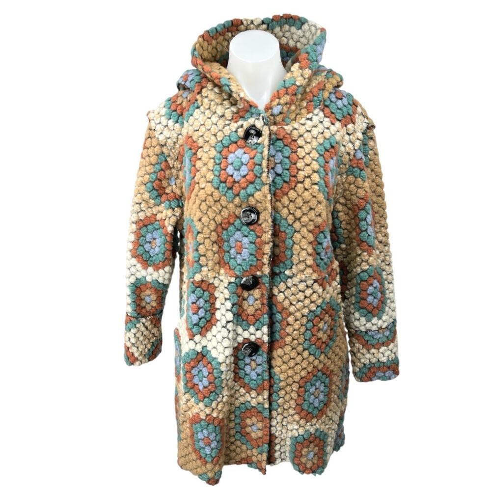 Italian Women's Granny Square Multicolor Floral Hooded Button Coat Jacket Sz S